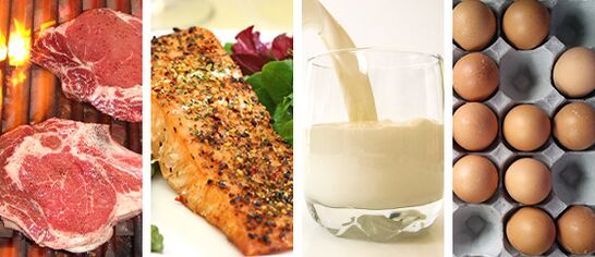 Červené maso a ryby, plnotučné mléko, vejce jsou hlavními potravinami pro ketogenní dietu. 